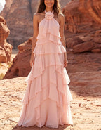 Abito lungo in chiffon tinta unita con scollo all'americana, rosa 3D e balze a strati