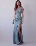 Gray Blue Satin Mesh Embroidered Short Sleeved Maxi Dress