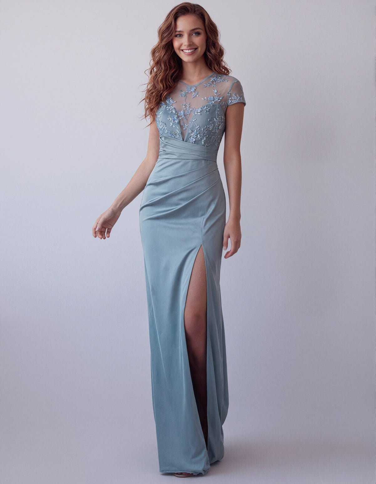 Gray Blue Satin Mesh Embroidered Short Sleeved Maxi Dress