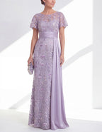 Lavender Purple Mesh Embroidered Short Sleeved Satin Belt Maxi Dress