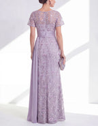 Lavender Purple Mesh Embroidered Short Sleeved Satin Belt Maxi Dress