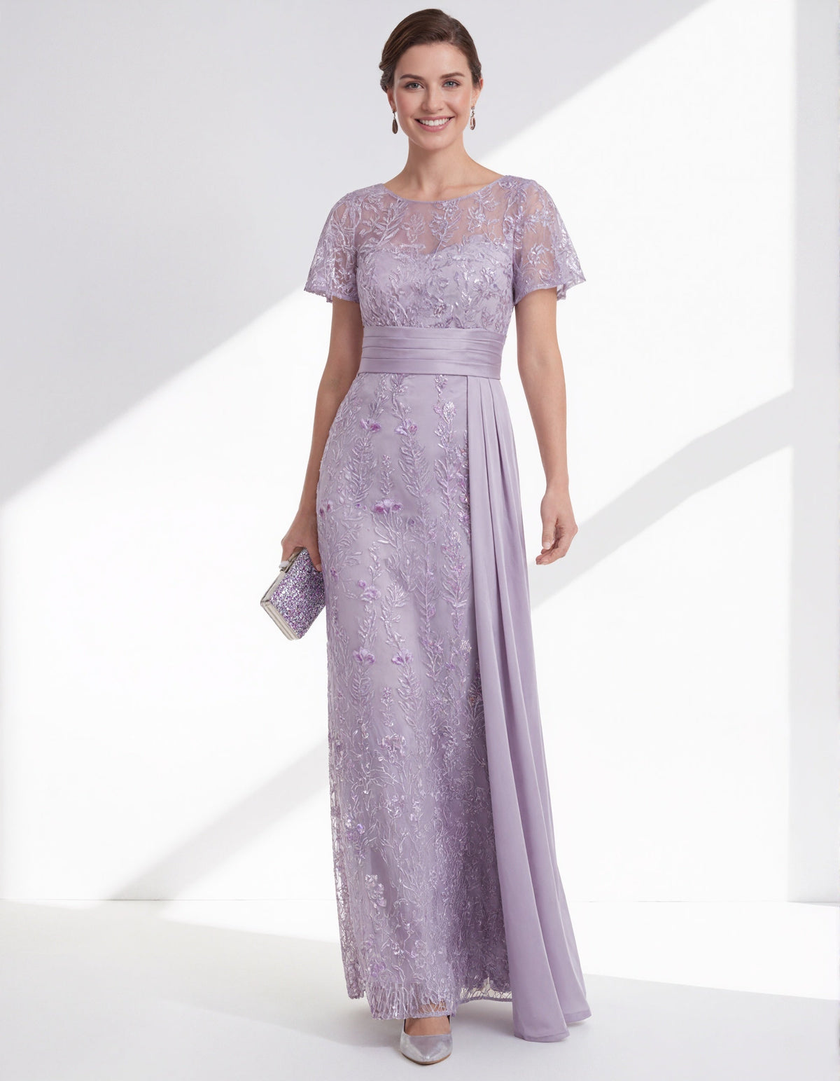 Lavender Purple Mesh Embroidered Short Sleeved Satin Belt Maxi Dress