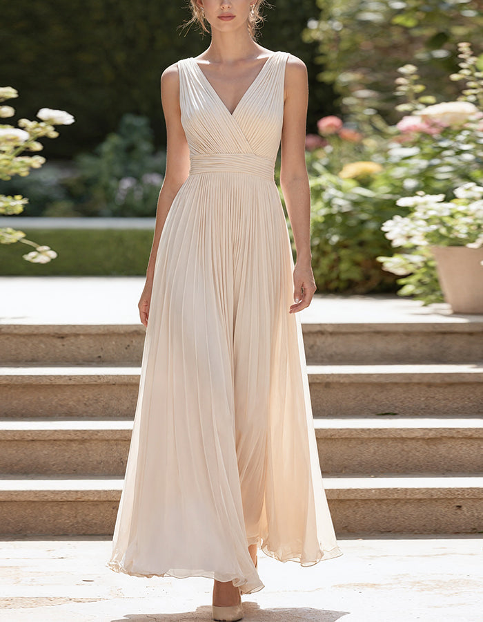 Light Beige Chiffon V-Neck Maxi Dress