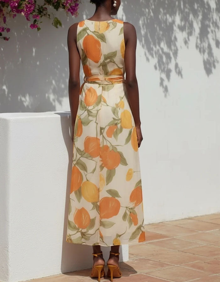 Orange Printed Chiffon Maxi Dress