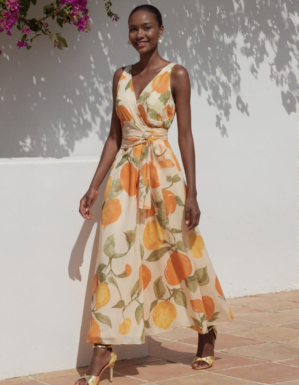 Orange Printed Chiffon Maxi Dress