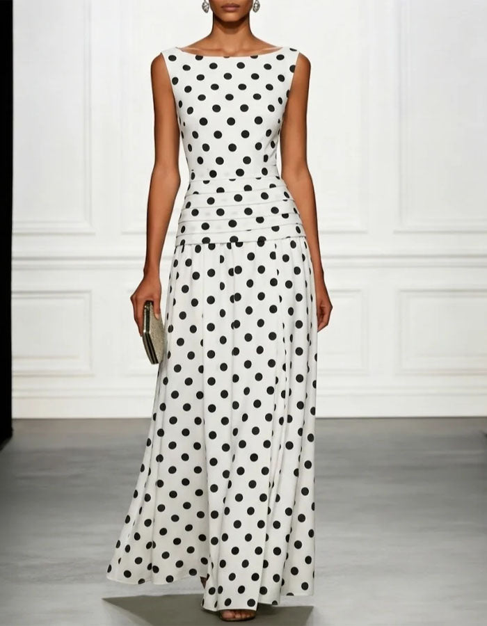 Maxikleid aus Chiffon mit weißen Punkten und ohne Ärmel