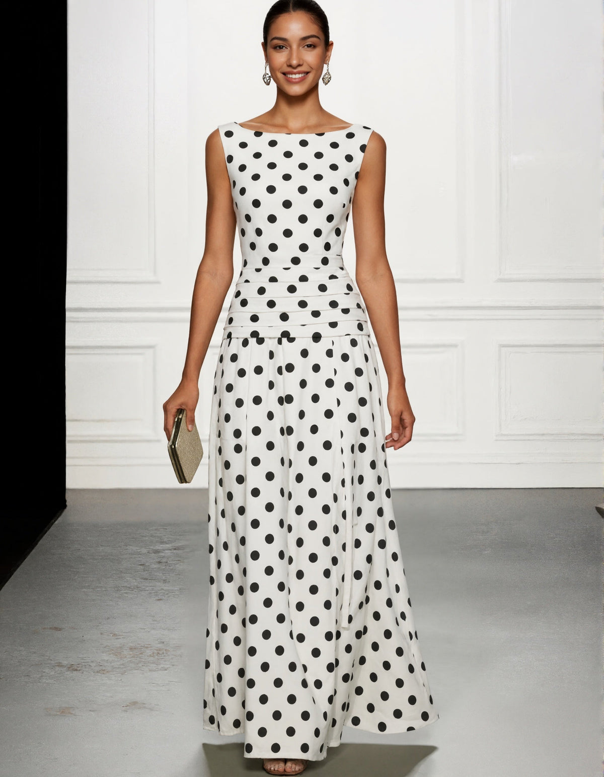 Maxikleid aus Chiffon mit weißen Punkten und ohne Ärmel