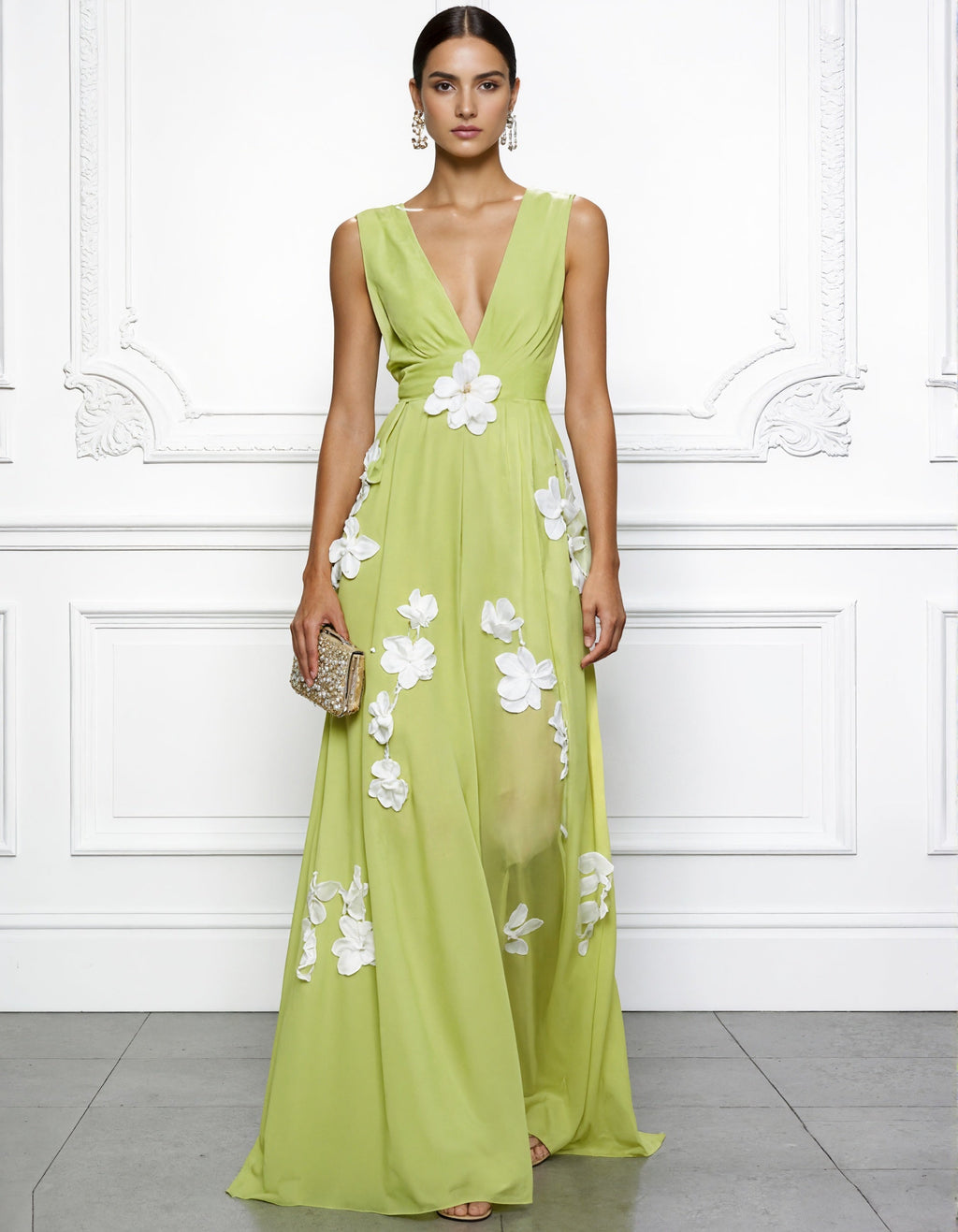 Yellow Green Chiffon V-Neck Maxi Dress