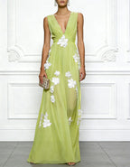 Gelb-grünes Chiffon-Maxikleid mit V-Ausschnitt