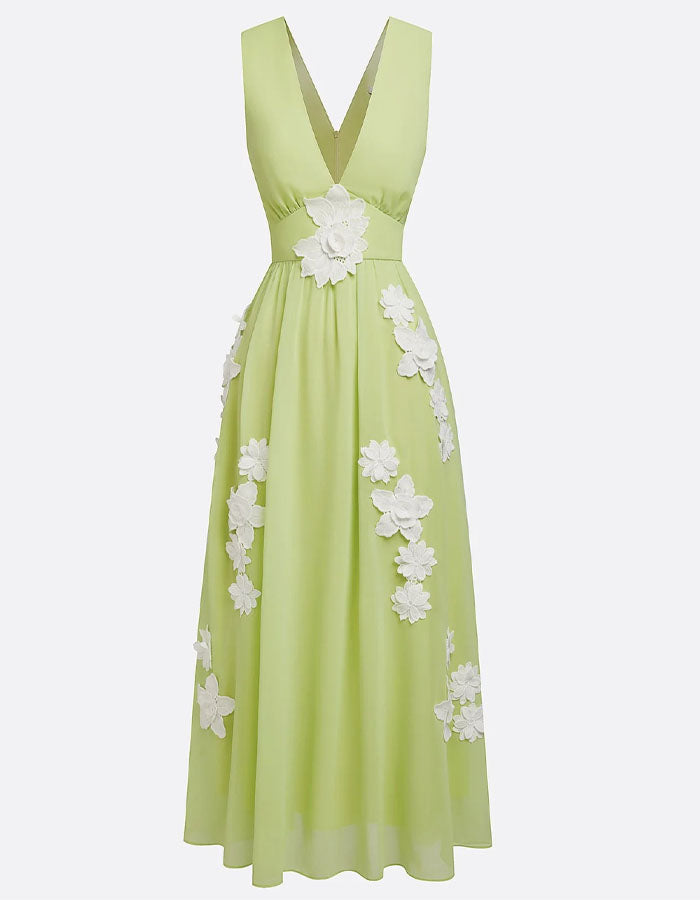 Yellow Green Chiffon V-Neck Maxi Dress