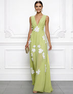 Yellow Green Chiffon V-Neck Maxi Dress