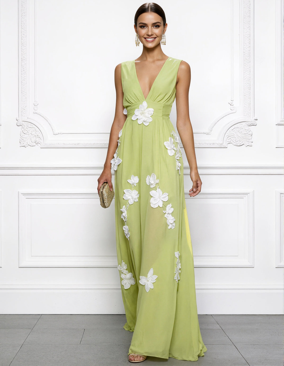 Gelb-grünes Chiffon-Maxikleid mit V-Ausschnitt