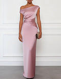 Graurosa Satin-Maxikleid mit asymmetrischer Schulterpartie