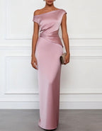 Graurosa Satin-Maxikleid mit asymmetrischer Schulterpartie