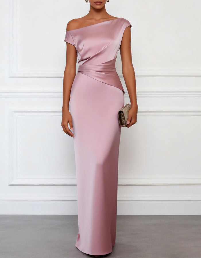 Graurosa Satin-Maxikleid mit asymmetrischer Schulterpartie