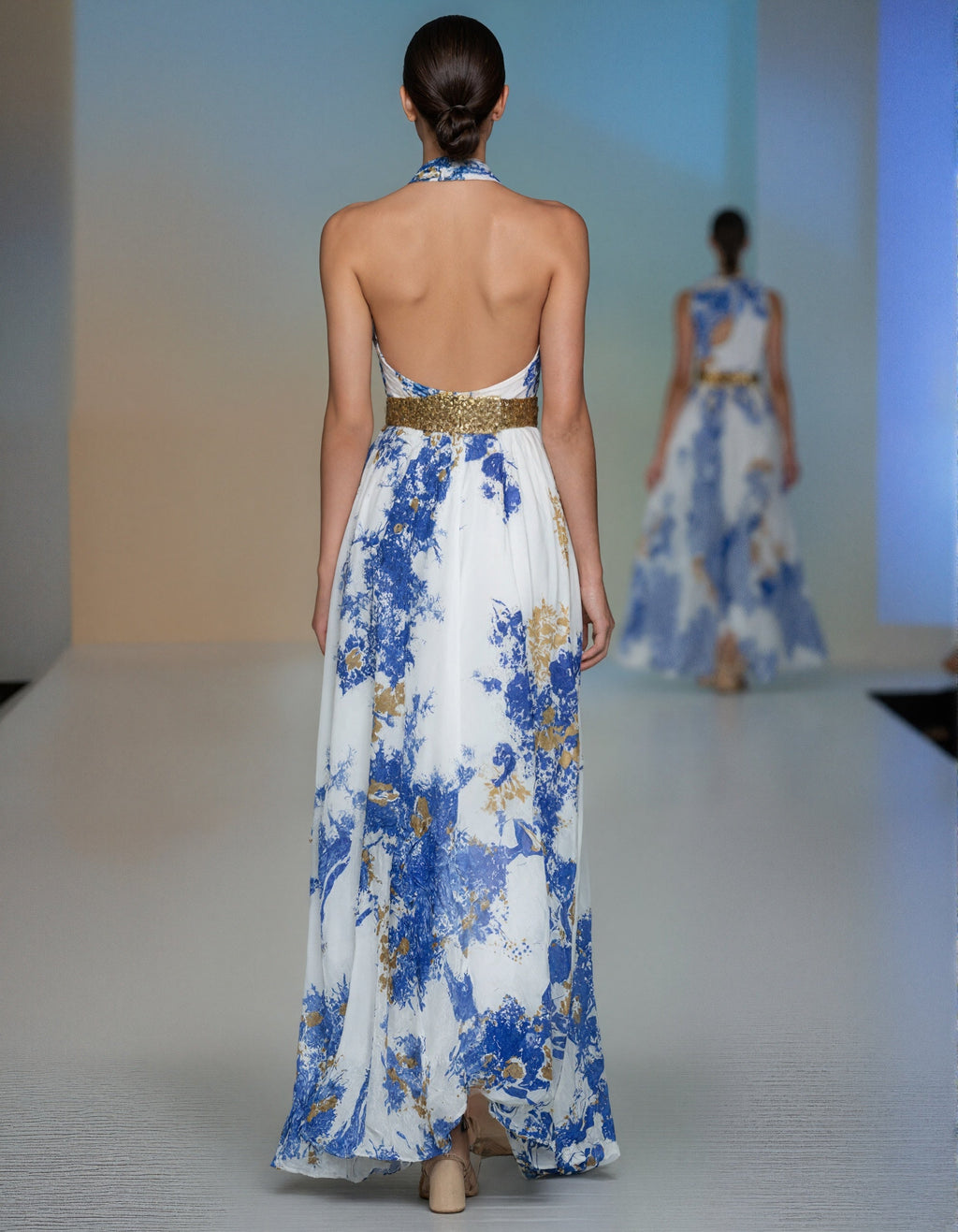 White Chiffon With Blue And Gold Floral Print Maxi Dress