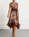 Brown Printed Sleeveless Midi Dress