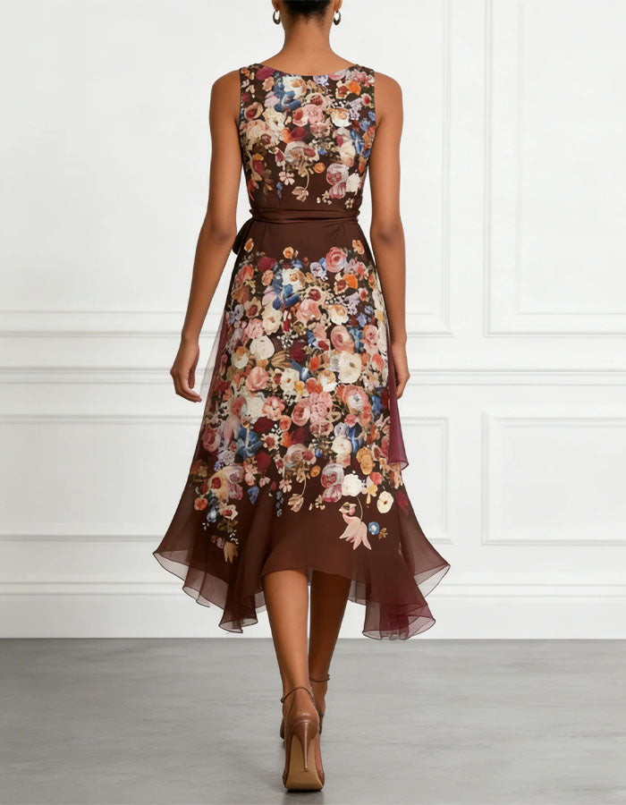 Brown Printed Sleeveless Midi Dress