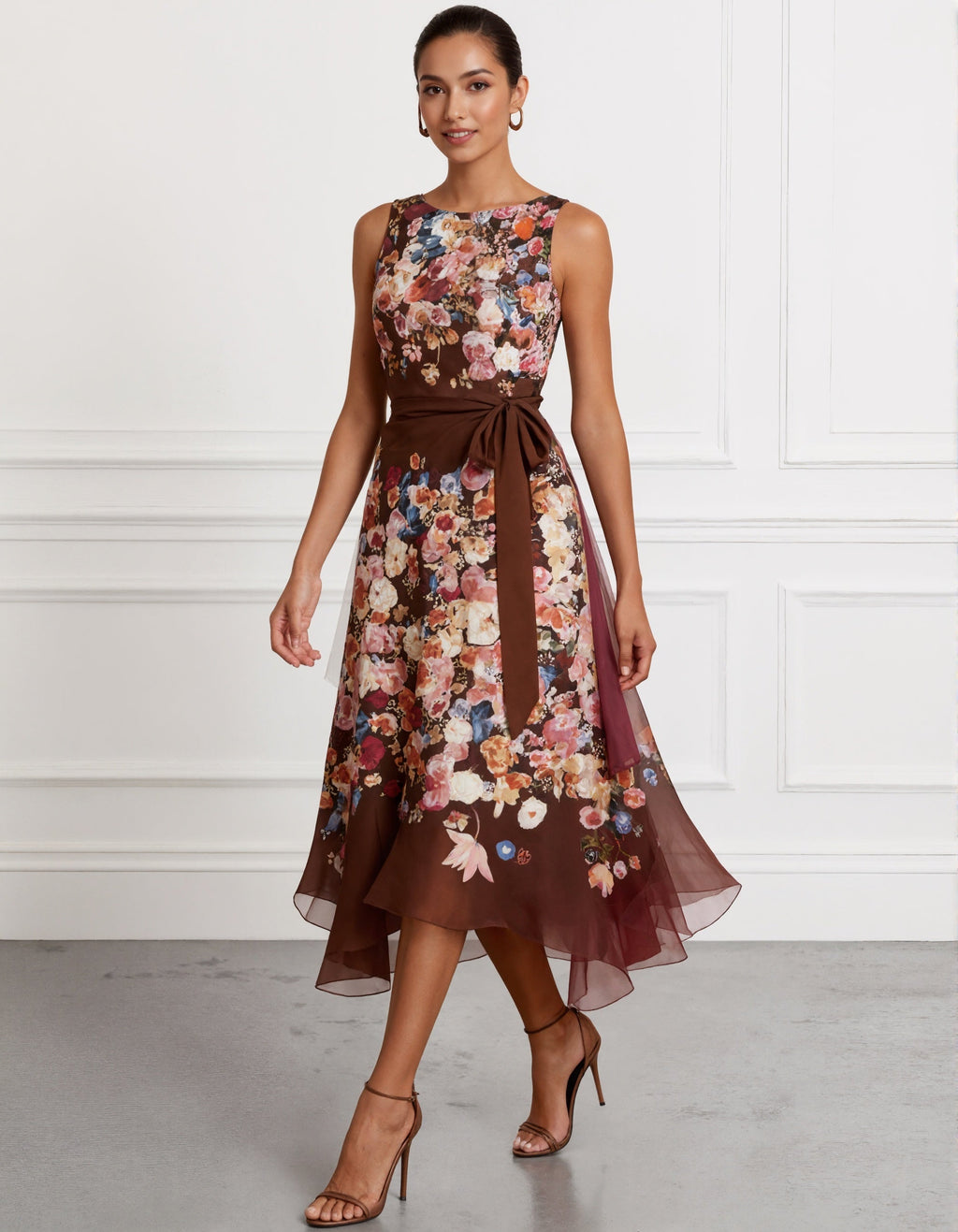 Brown Printed Sleeveless Midi Dress