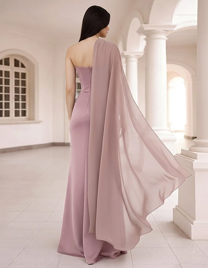 Solid Color Satin One Shoulder Chiffon Shawl Maxi Dress