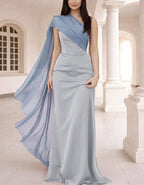 Solid Color Satin One Shoulder Chiffon Shawl Maxi Dress