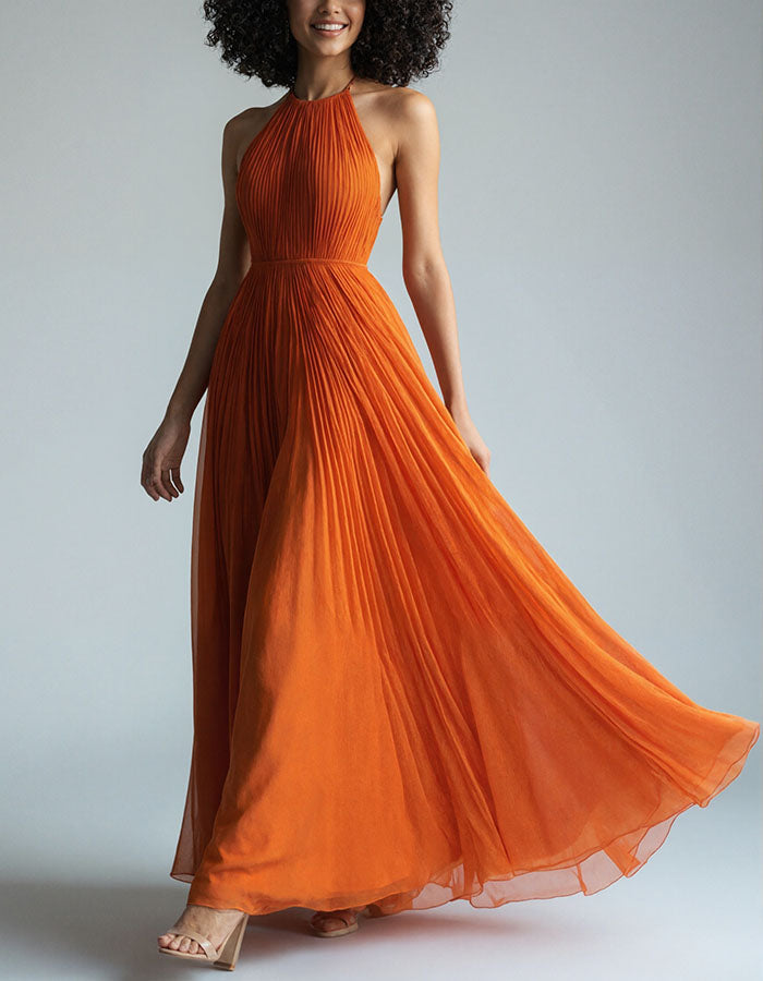 Orange Pleated Chiffon Open Back Maxi Dress