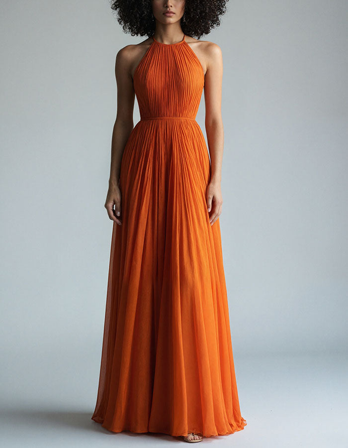 Orange Pleated Chiffon Open Back Maxi Dress