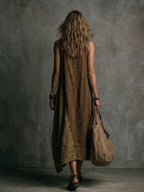 Vestido Largo Asimétrico Patchwork Marrón y Khaki de Lino y Algodón