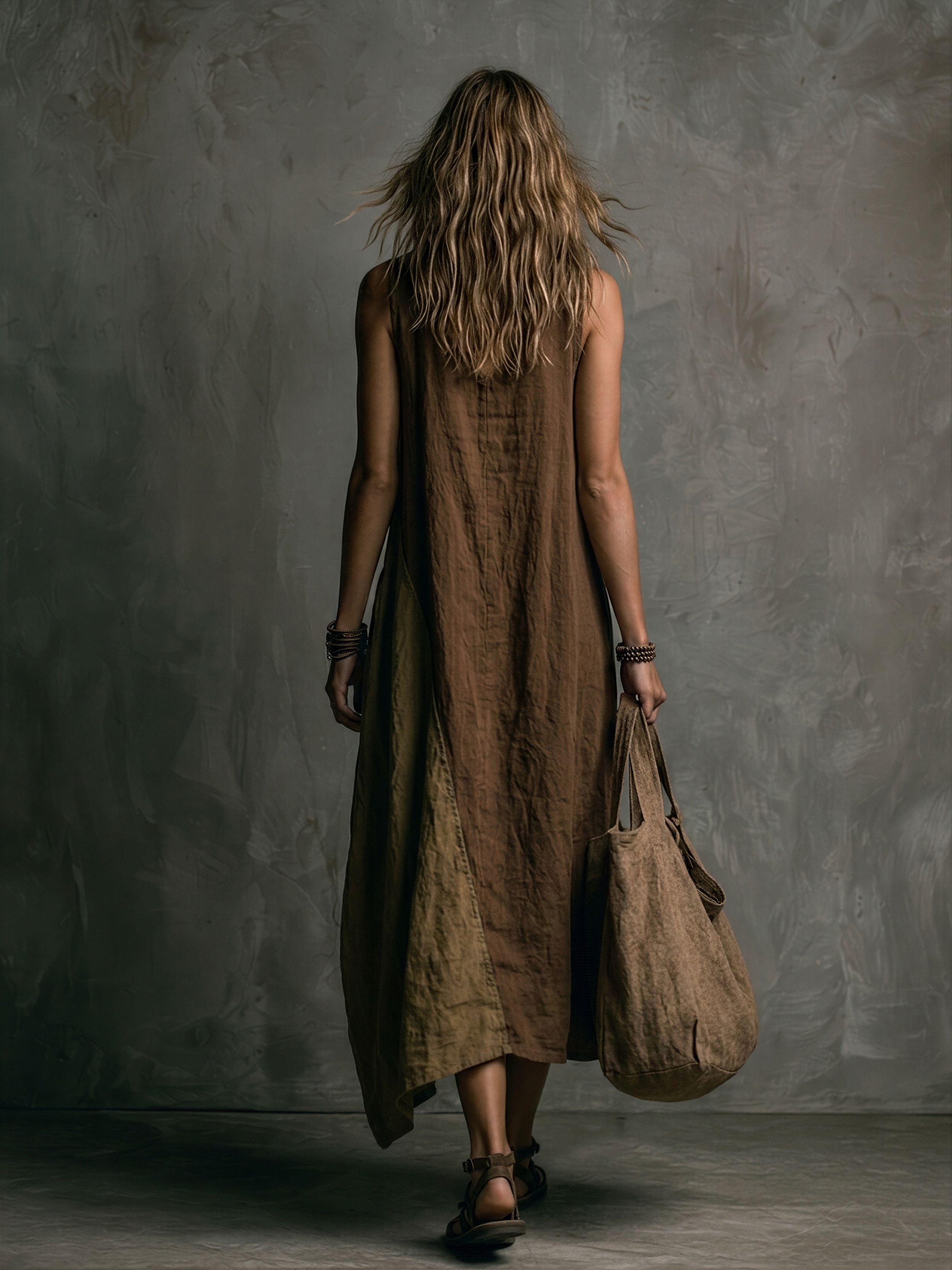 Vestido Largo Asimétrico Patchwork Marrón y Khaki de Lino y Algodón