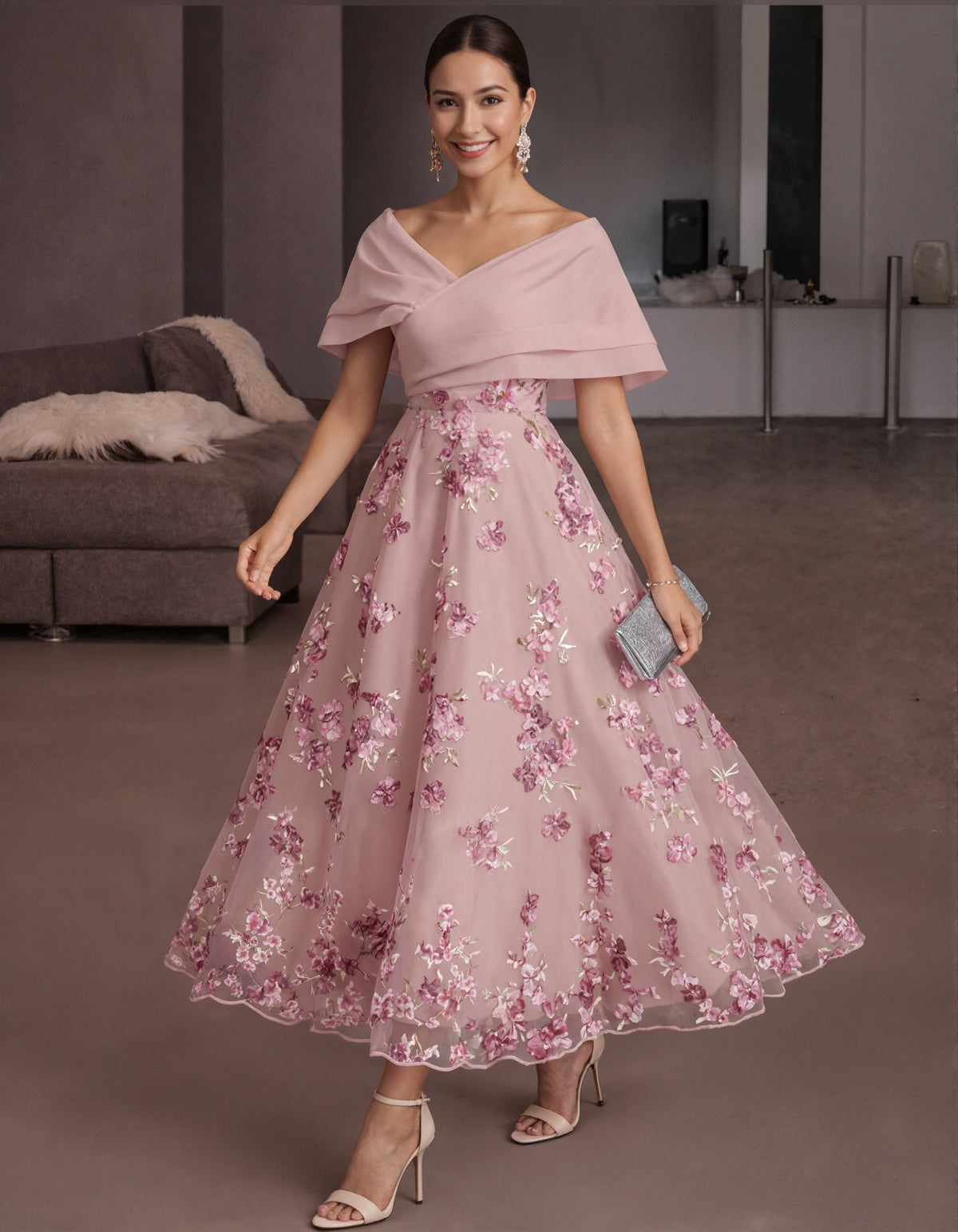Solid Color Off Shoulder 3D Floral Embroidery Maxi Dress