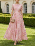 Solid Color Short Sleeved Shirt With Embossed Gold Thread Pattern Maxi Dress