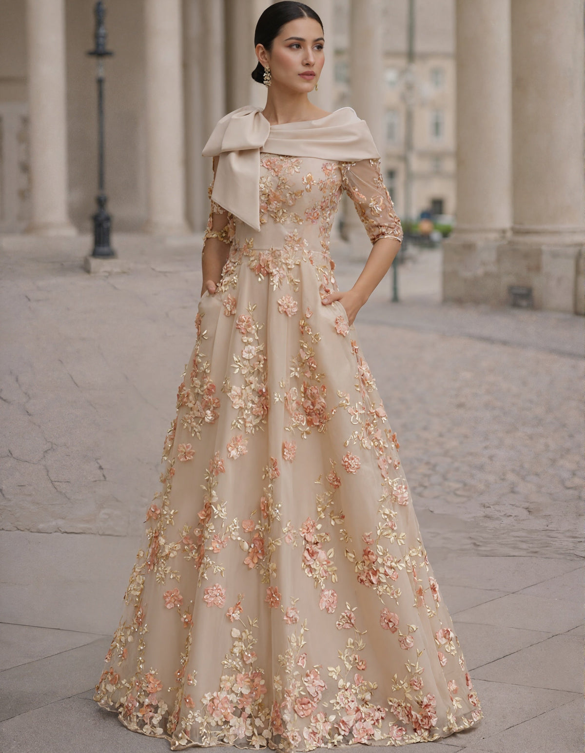 Solid Color 3D Floral Embroidery Maxi Dress