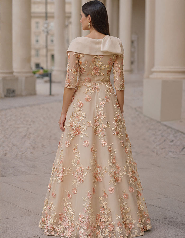 Solid Color 3D Floral Embroidery Maxi Dress