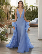 Blue Deep V-Neck Chiffon Maxi Dress