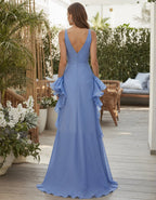 Blue Deep V-Neck Chiffon Maxi Dress