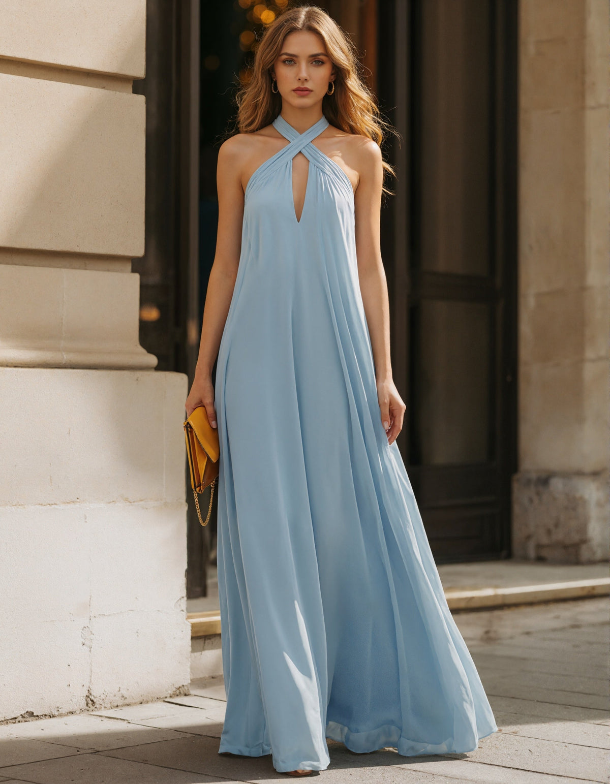 Sky Blue Cross Neck Halter Chiffon Maxi Dress