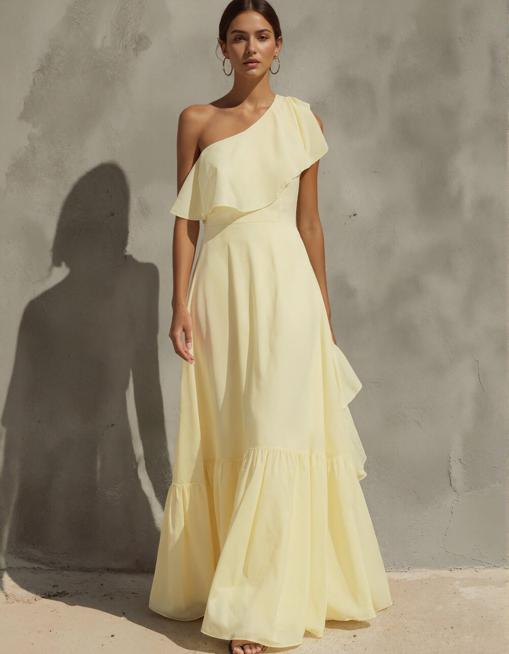 Light Yellow One Shoulder Chiffon Maxi Dress