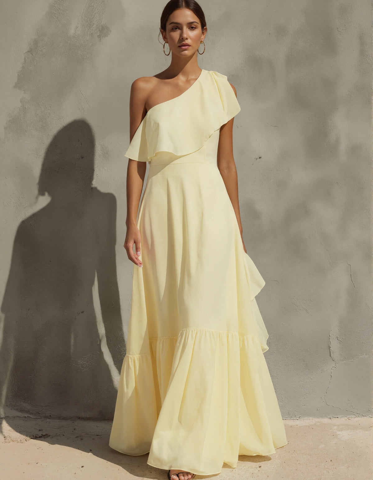 Light Yellow One Shoulder Chiffon Maxi Dress