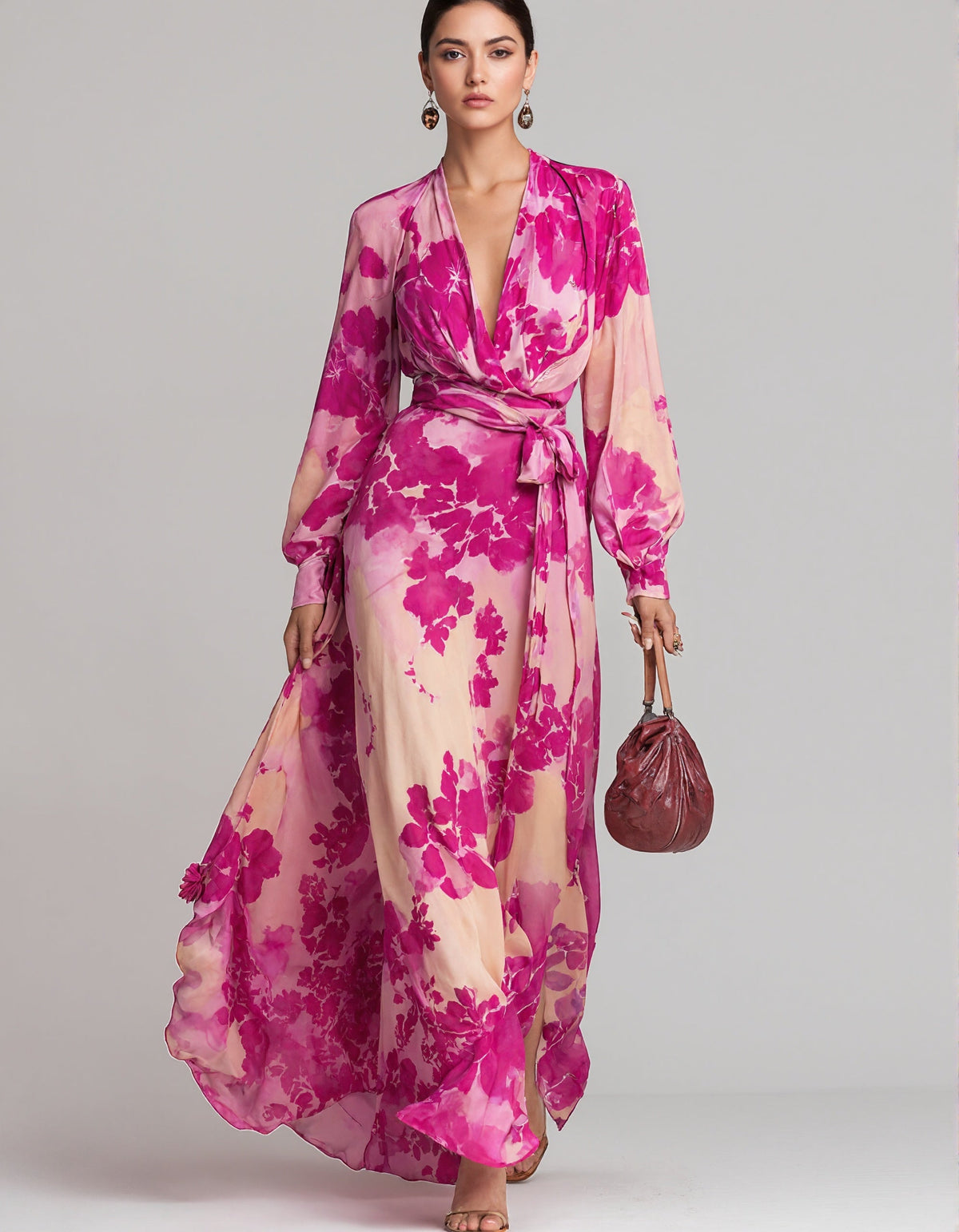 Rose Pink Floral Chiffon Maxi Dress
