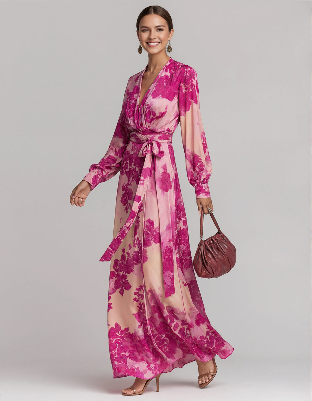 Rose Pink Floral Chiffon Maxi Dress