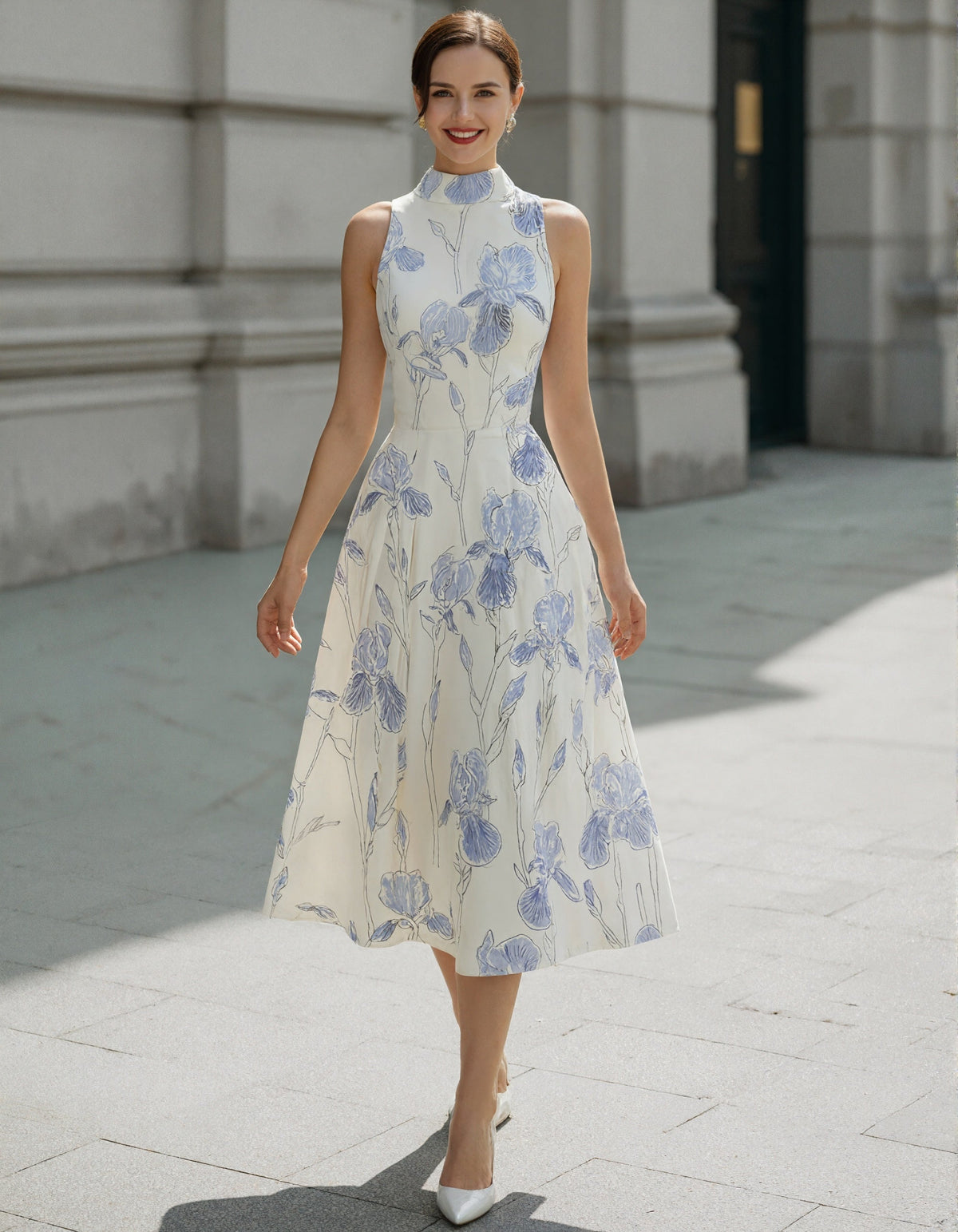 Robe midi sans manches couleur crème à imprimé iris
