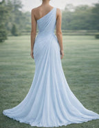 Pure Blue One Shoulder Chiffon Maxi Dress