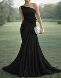 Pure Blue One Shoulder Chiffon Maxi Dress