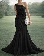 Pure Blue One Shoulder Chiffon Maxi Dress