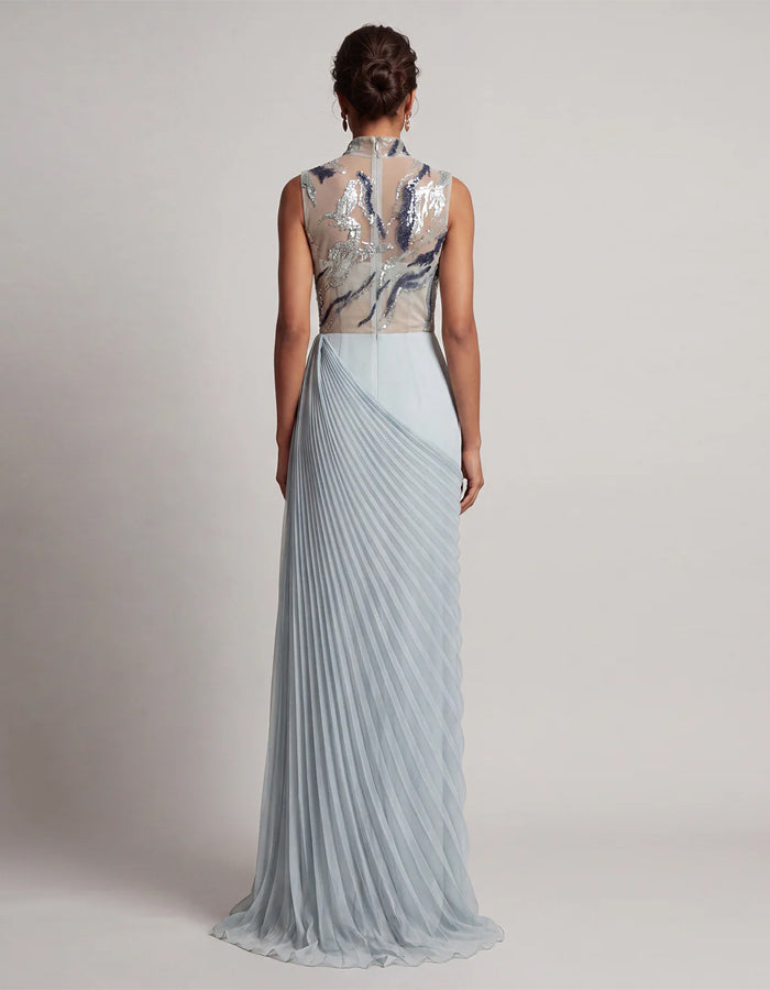 Blue Gray High Neck Tulle Sequins Maxi Dress