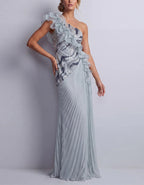 Blue Grey One Shoulder Sequined Pleated Chiffon Maxi Dress