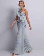 Blue Grey One Shoulder Sequined Pleated Chiffon Maxi Dress