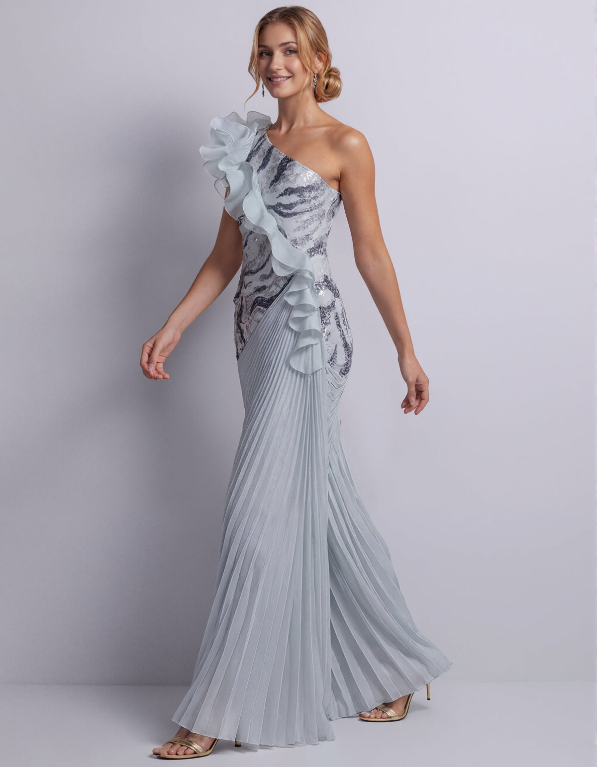 Blue Grey One Shoulder Sequined Pleated Chiffon Maxi Dress