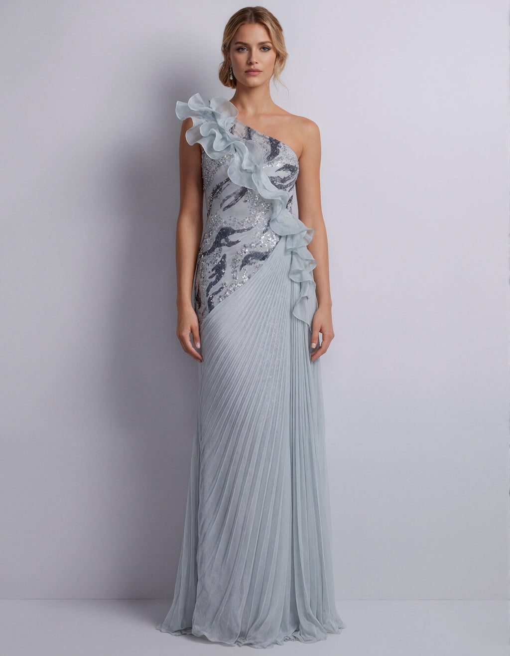 Blue Grey One Shoulder Sequined Pleated Chiffon Maxi Dress