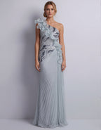 Abito lungo monospalla in chiffon plissettato con paillettes grigio-blu